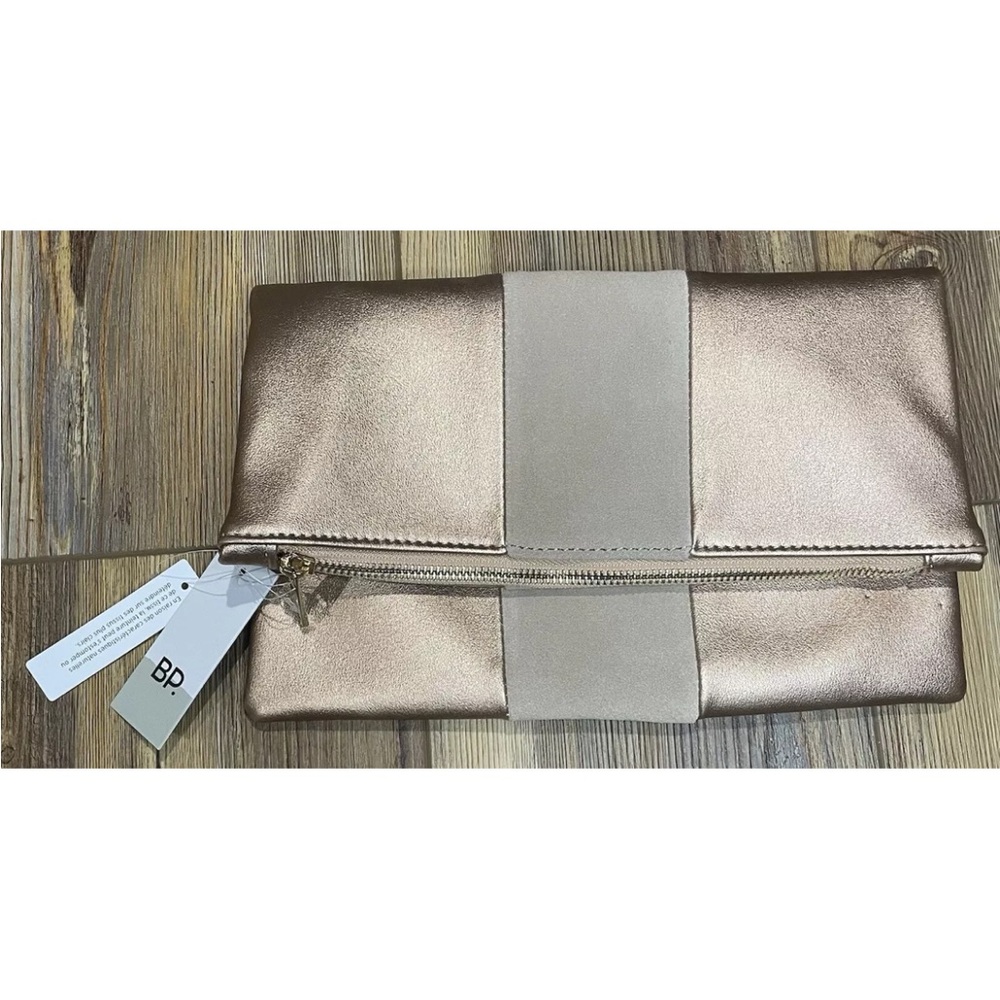 Nordstrom BP Champagne Purse Rose Gold Clutch Zipper Shiny Small Handbag Tan NWT